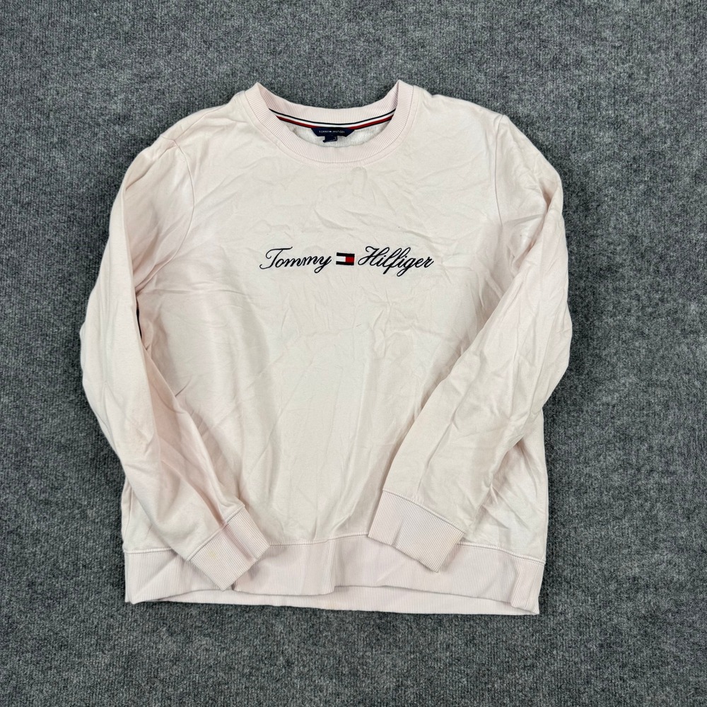 Tommy Hilfiger Sweatshirt Womens Size L Pink Script Logo Fleece Crew Pullover